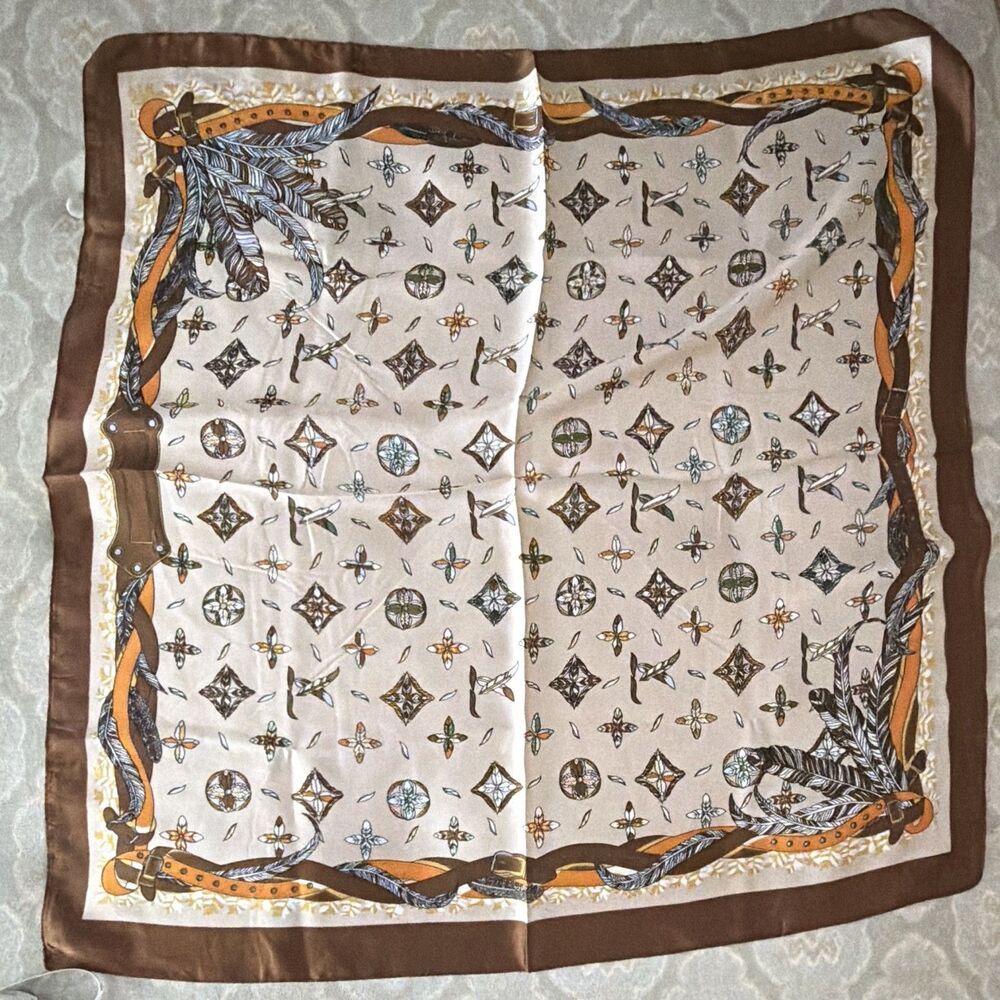 Women’s Silky Satin Square Scarf Geometric Belt Accent Beige Brown Multicolor